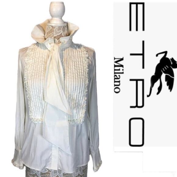 ETRO white tuxedo blouse high ruffled neck tie Victorian style size small (40) - Picture 1 of 13